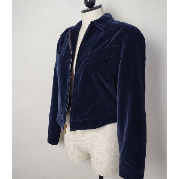 Carlisle Vintage 80's Dark Blue Velvet Cropped Jacket Zip Front Size 8 - Picture 5 of 12